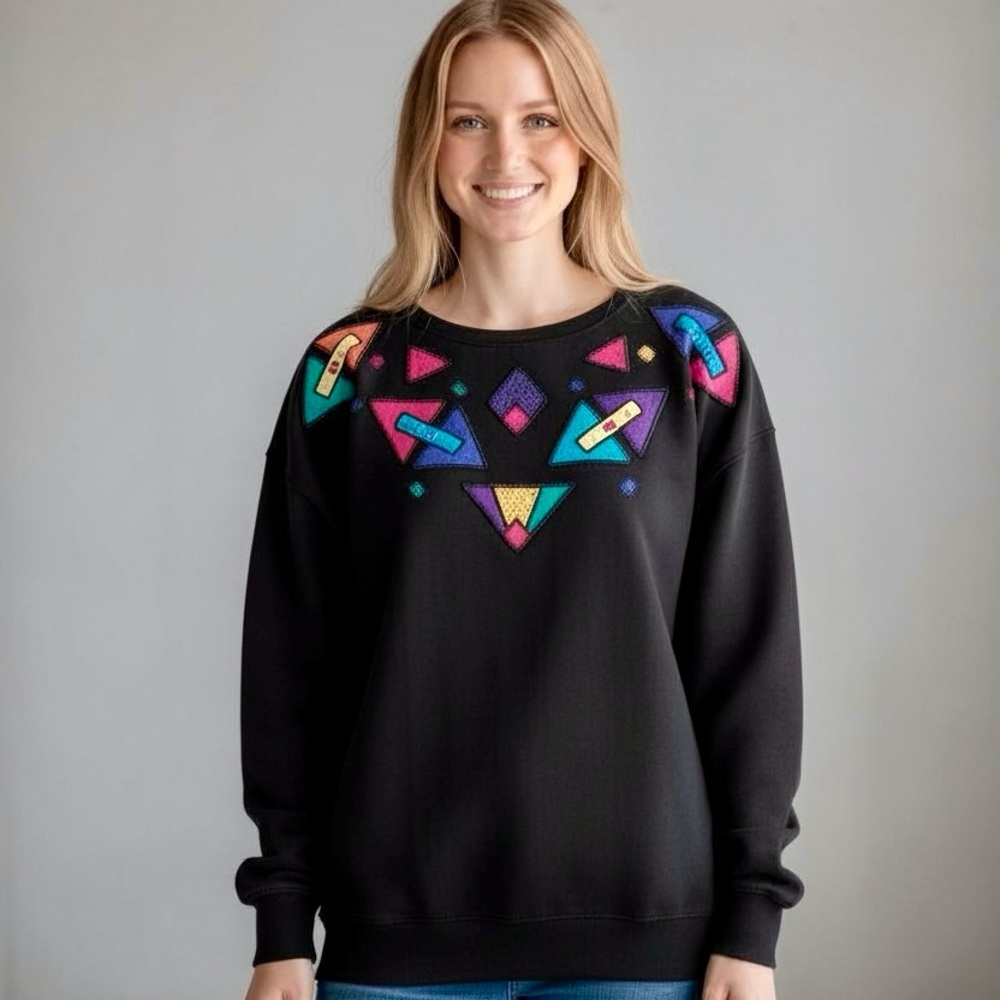 Vintage 80s Koret Black Geometric Appliqué Sweatshirt - L-XL